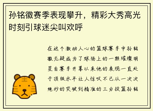 孙铭徽赛季表现攀升，精彩大秀高光时刻引球迷尖叫欢呼