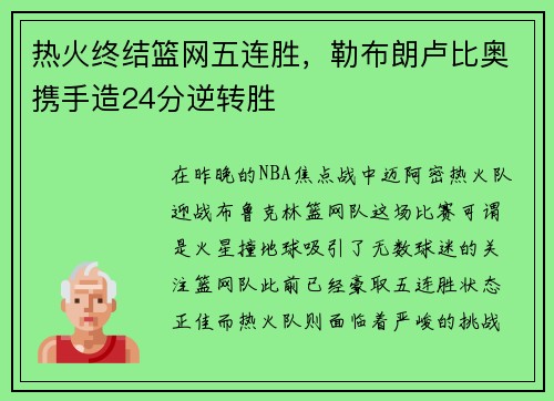 热火终结篮网五连胜，勒布朗卢比奥携手造24分逆转胜